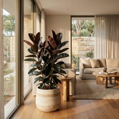 A low-maintenance Burgundy Rubber Tree - Ficus elastica 'Burgundy' in a woven pot sits by large windows in a sunlit modern living room with beige furniture.