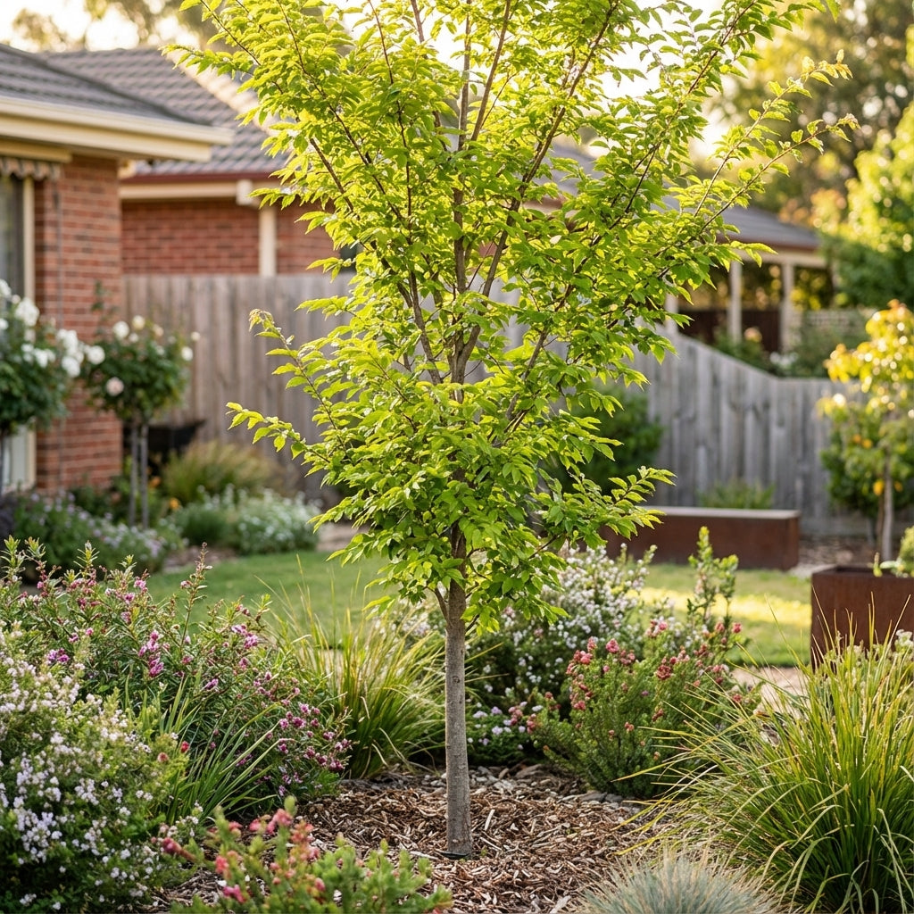 A Burnley Select Chinese Elm (Ulmus parvifolia ‘Burnley Select’) with green leaves grows among shrubs and flowers in a landscaped garden near a house.