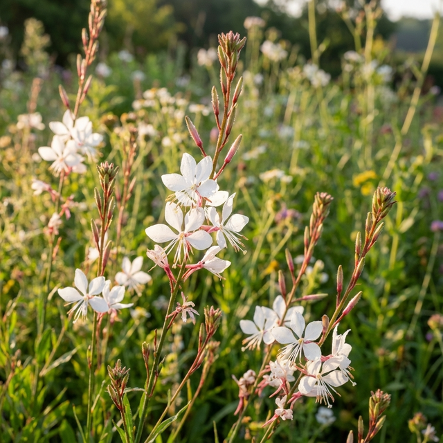 Butterfly Bush (Gaura lindheimeri) showcases white wildflowers blooming in sunlit meadows with green grass and blurred flowers, attracting pollinators and highlighting the beauty of nature.