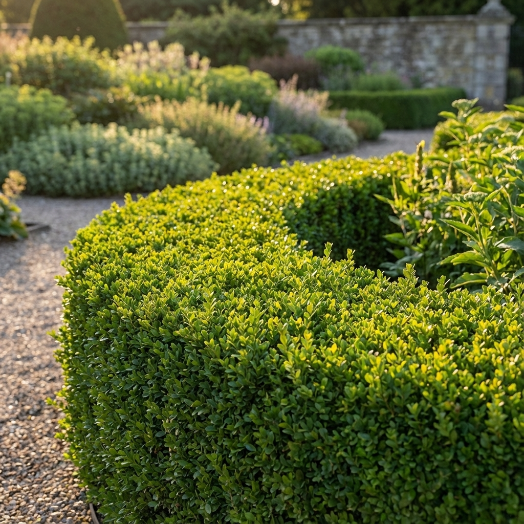 A lush Harland Boxwood (Buxus harlandii) hedge, neatly trimmed and bright green, curves through a sunlit garden with gravel paths, displaying its classic evergreen topiary style.