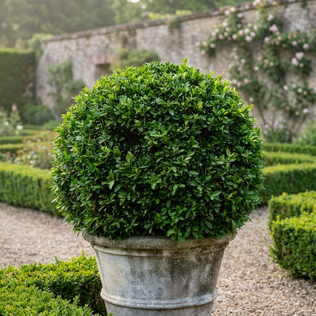 A round, neatly trimmed English Box - Buxus sempervirens in a large pot sits in a formal garden with hedges and a stone wall.