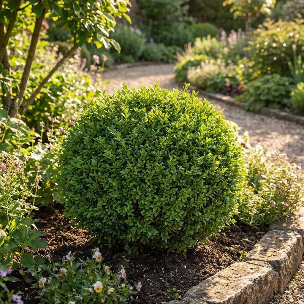 Evergreen Box - Buxus sempervirens is a neatly trimmed shrub, ideal for sunny gardens with gravel paths and flowers, making it perfect for creating elegant garden borders.