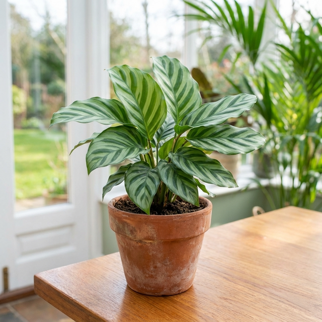 The air-purifying Freddie Calathea (Calathea concinna) with its striped leaves sits in a pot on a wooden table, sunlight streaming through nearby windows.