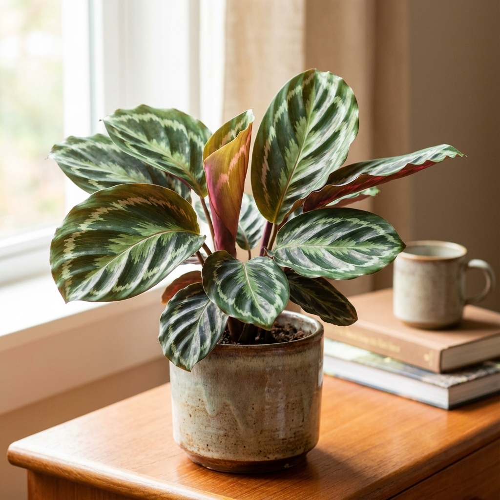 The Peacock Plant Calathea - Calathea roseopicta 'Illustris' sits in its pot on a wooden table near a window, with books and a mug in the background. This low light houseplant adds beauty to any indoor space.