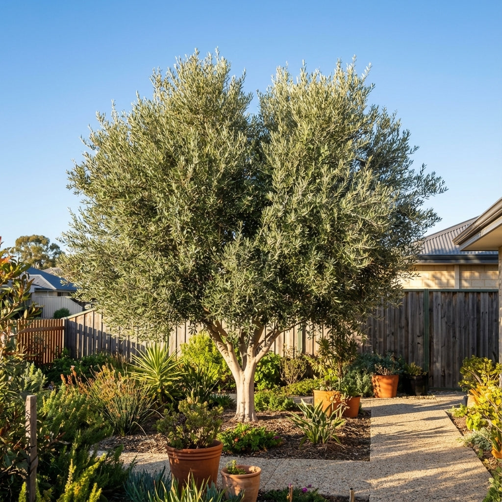 A Californian Queen Olive - Olea europaea ‘Californian Queen’ tree stands in a sunny Mediterranean garden, surrounded by potted plants and a gravel path.