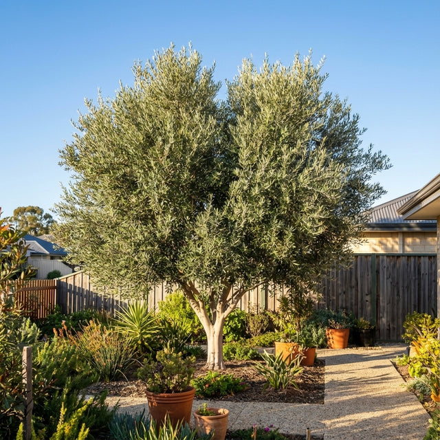 A Californian Queen Olive - Olea europaea ‘Californian Queen’ tree stands in a sunny Mediterranean garden, surrounded by potted plants and a gravel path.
