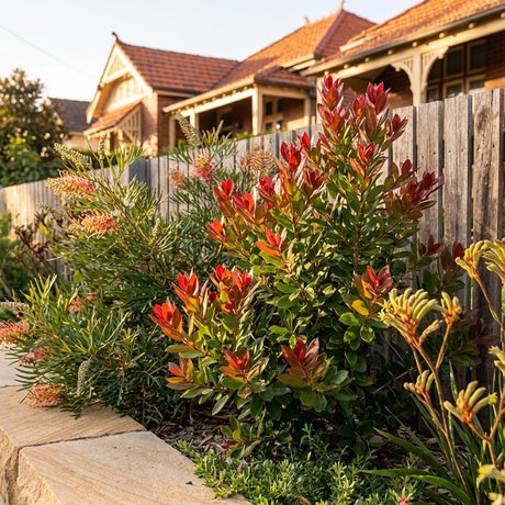 Red-tipped shrubs and flowering plants, including the vibrant Callistemon Red Rover (Callistemon viminalis cultivar), fill a garden bed beside a wooden fence and brick houses.