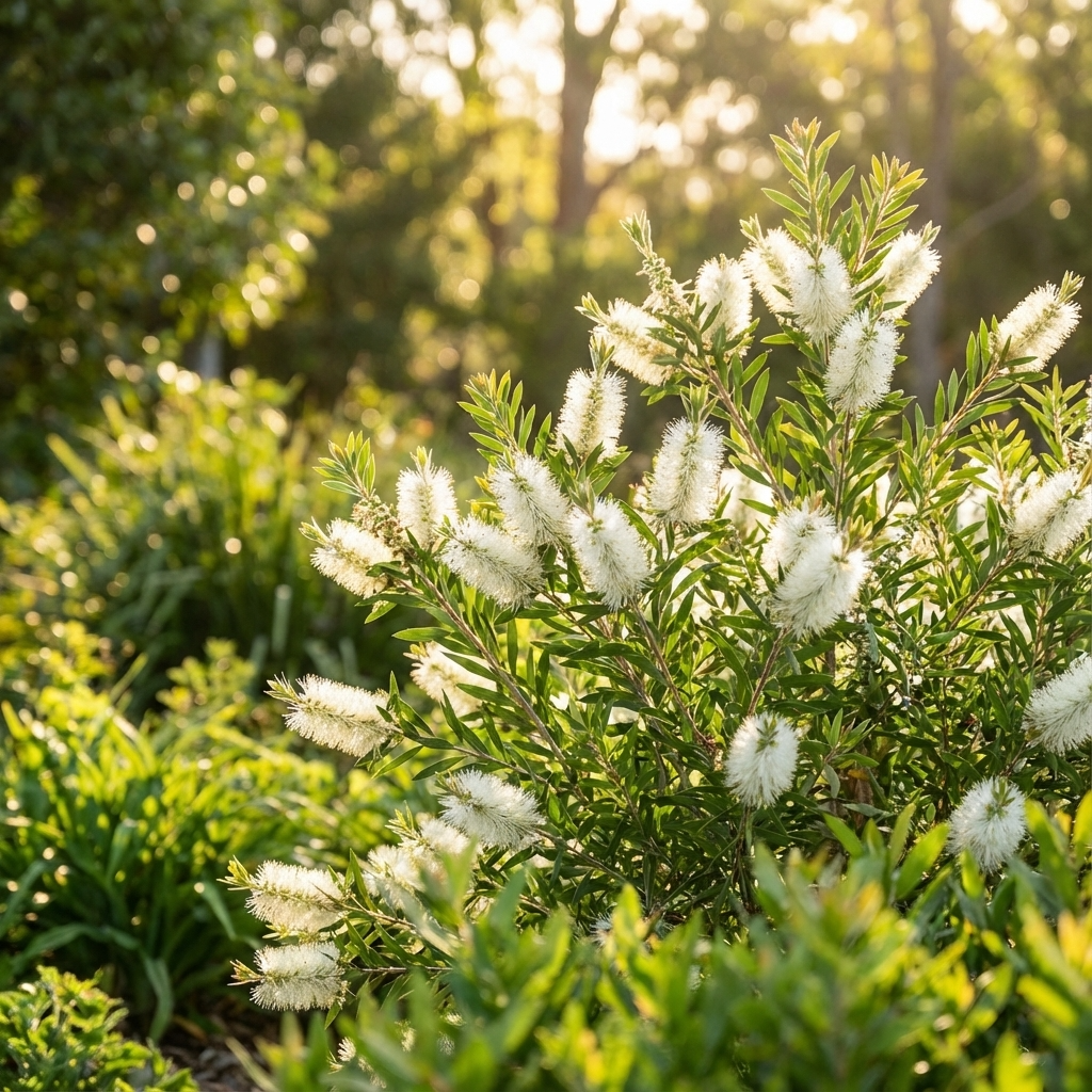 Callistemon Snow Burst - Callistemon hybrid is a compact shrub featuring white bottlebrush flowers that bloom beautifully in sunny gardens amid lush greenery.