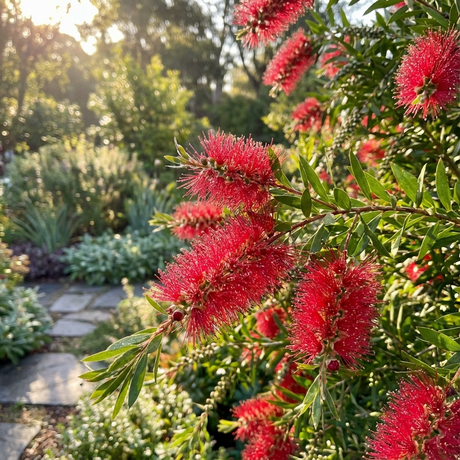 Vivid red blooms of Callistemon Summer Days (Callistemon hybrid) and lush green leaves stand out in a sunlit Australian garden, with a stone path winding through the scene.
