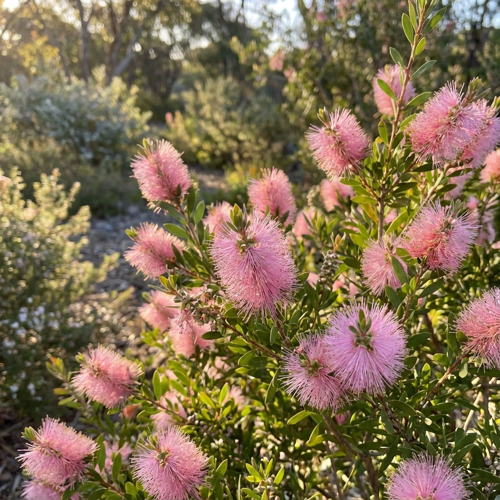 Vibrant pink bottlebrush flowers of Callistemon Sweet Burst (Callistemon hybrid) shine in sunlight, surrounded by green leaves with bushland softly blurred in the background.