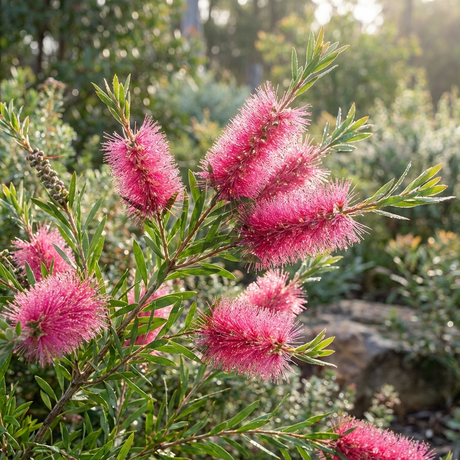 Callistemon Taree Pink - Callistemon hybrid is a hardy shrub that brightens sunny gardens with vivid pink bottlebrush flowers and lush green leaves.