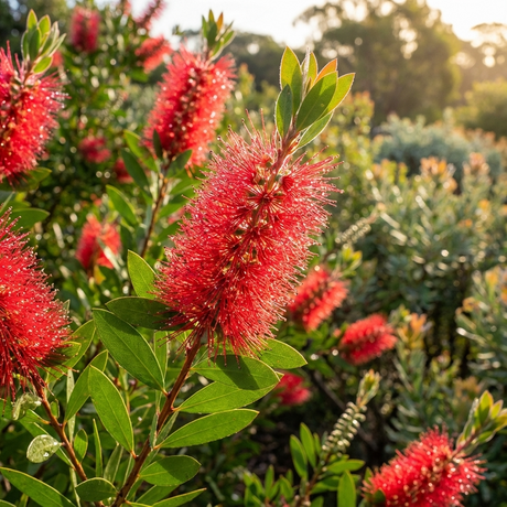 A close-up of Callistemon citrinus 'Endeavour', highlighting its vivid red flowers and lush green leaves in a sunlit garden.