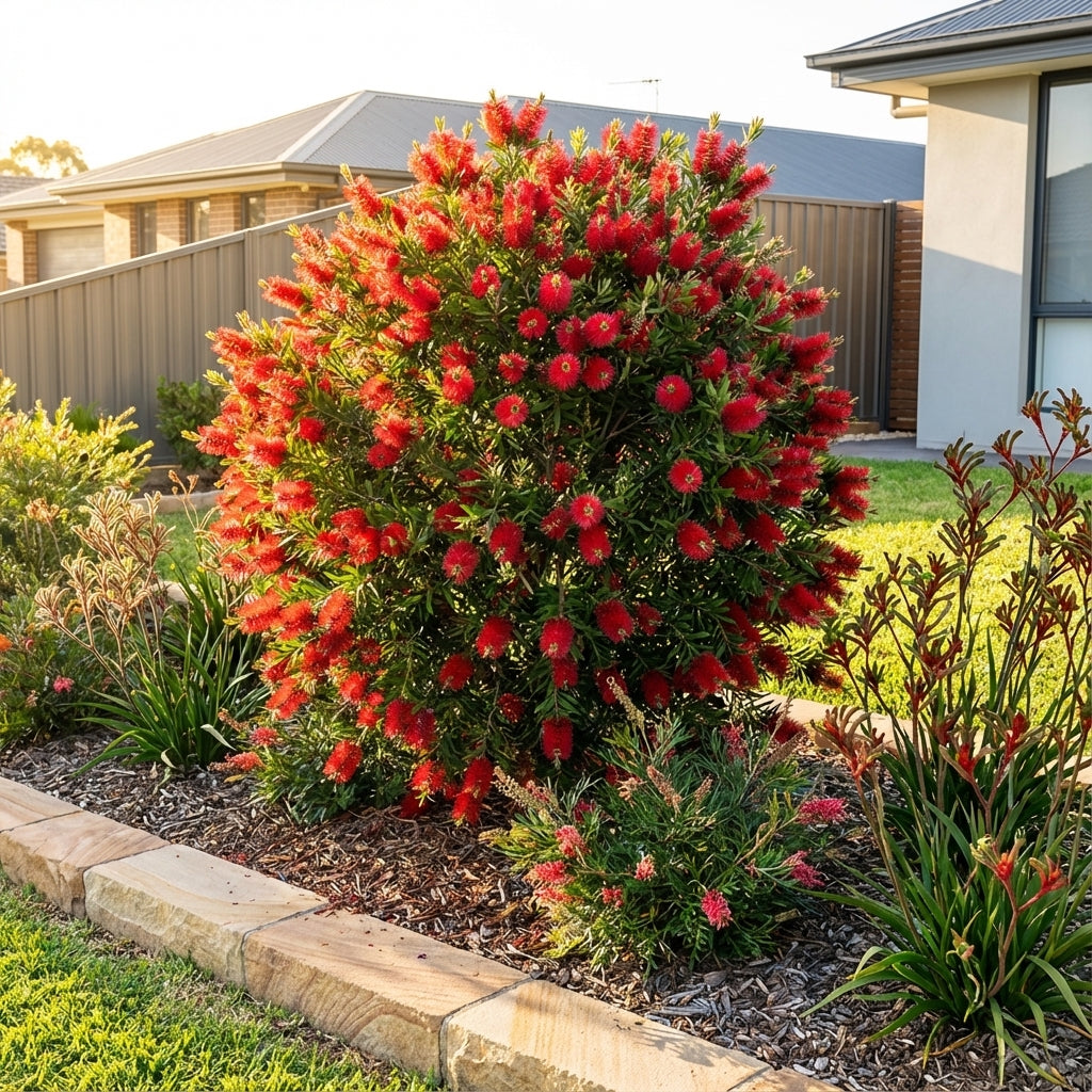 Callistemon viminalis ‘Macarthur’™ (LC01), a round bottlebrush shrub with bright red flowers, adds charm to a well-kept garden bed near a house.