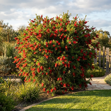 A Captain Cook Bottlebrush (Callistemon viminalis 'Captain Cook'), a vibrant dwarf native shrub, showcases bright red bottlebrush flowers in a landscaped garden beneath partly cloudy skies.