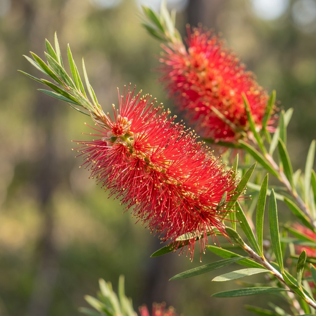 A close-up of the Hannah Ray Bottlebrush (Callistemon 'Hannah Ray'), a vibrant Australian native with striking red flowers and green leaves, set against a softly blurred natural background.