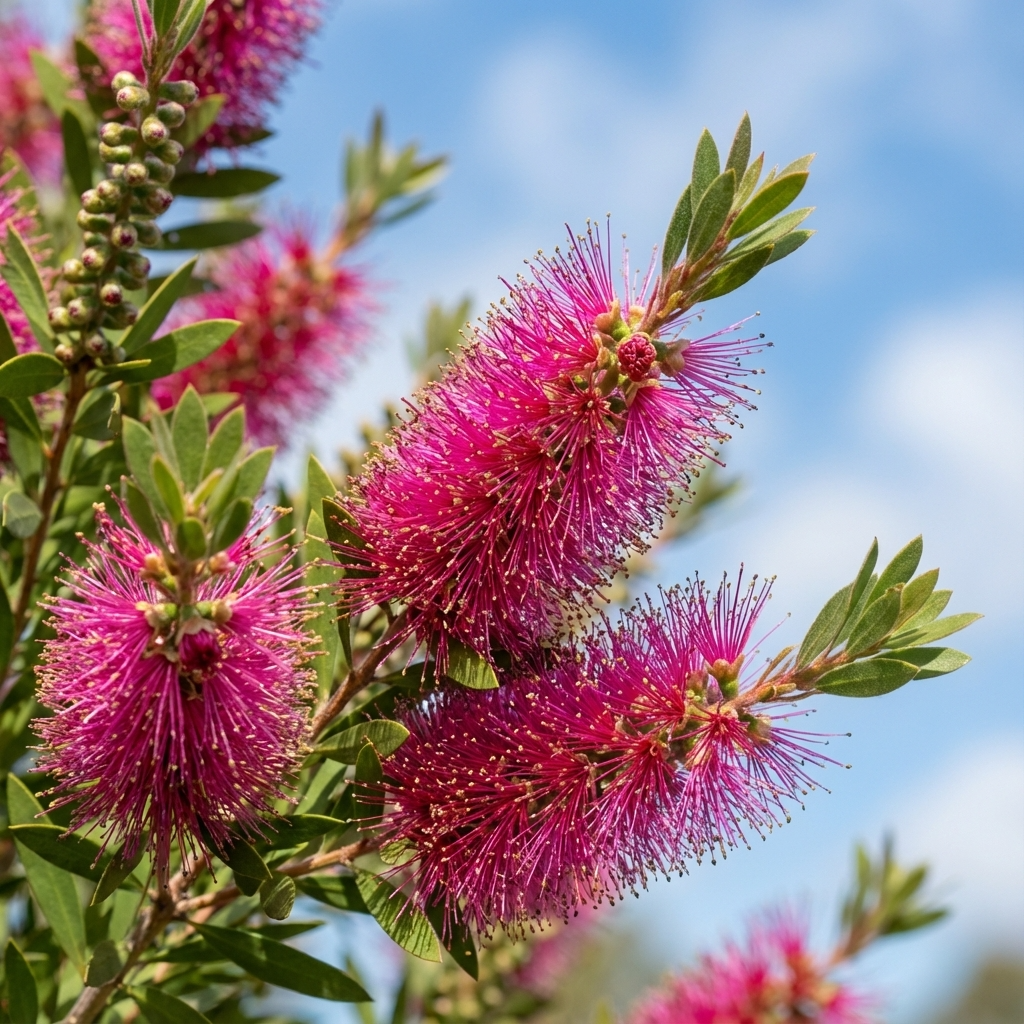 Bright pink blooms of the Purple Splendour Bottlebrush (Callistemon 'Purple Splendour'), an Australian native, stand out among green foliage beneath a blue sky dotted with white clouds.