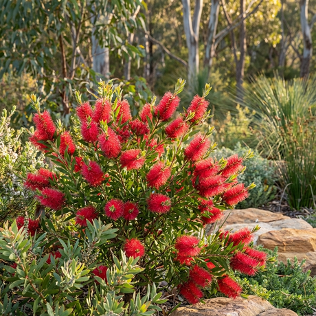 Callistemon Rose Opal - Callistemon hybrid is a native garden shrub with bright pink bottlebrush flowers, thriving in sunny gardens among rocks and lush green foliage.