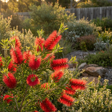 The drought-tolerant Wildfire Bottlebrush (Callistemon viminalis 'Wildfire') displays vibrant red flowers and green leaves, glowing in a sunlit garden with shrubs, rocks, and a wooden fence in the background.