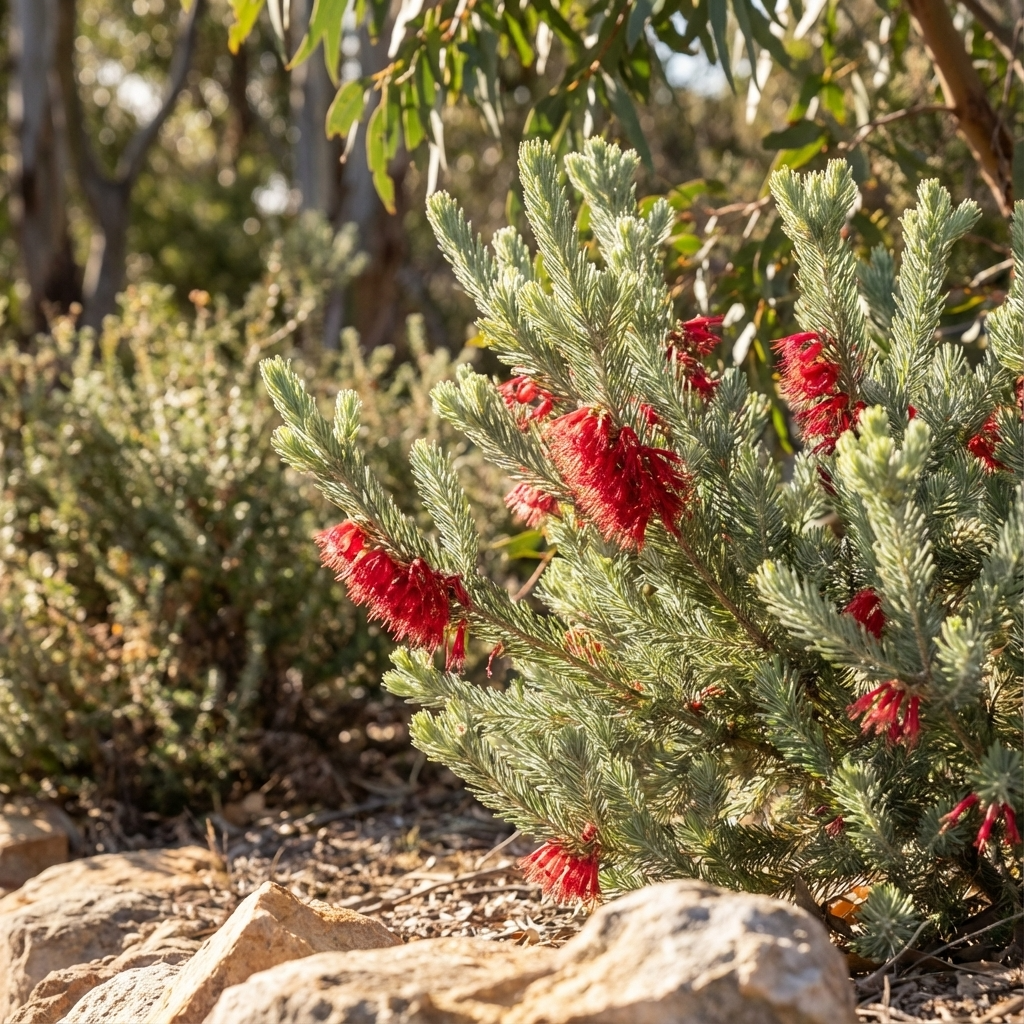 The One-Sided Bottlebrush (Calothamnus quadrifidus), a drought-hardy plant with silver-green foliage and red bottlebrush flowers, thrives among rocks in sunlit natural settings.