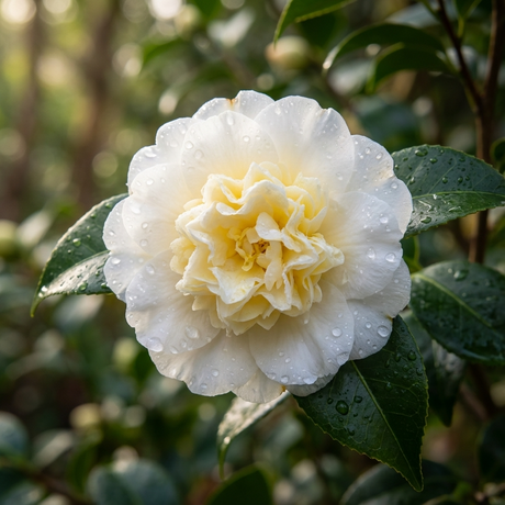 Camellia japonica ‘Brushfield’s Yellow’ bloom with dewdrops on its petals, set among glossy green leaves of the evergreen shrub in natural sunlight.