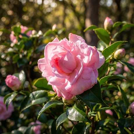 A pink rose in full bloom with green leaves and buds, illuminated by sunlight, is featured in a garden setting alongside Camellia sasanqua ‘Marge Miller’ for a charming and picturesque scene.
