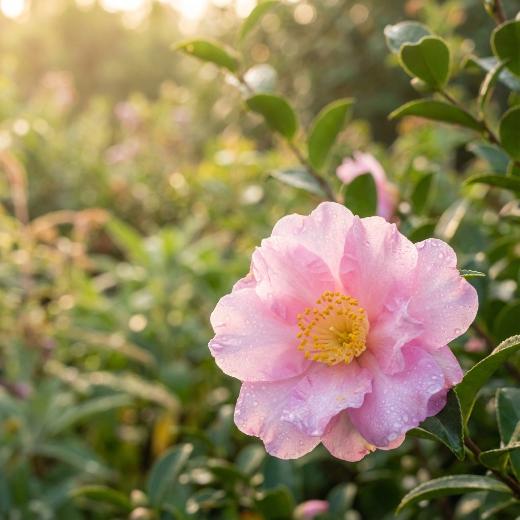 A pink Camellia sasanqua ‘Marie Young’ flower with dew drops blooms among green leaves in gentle morning sunlight.