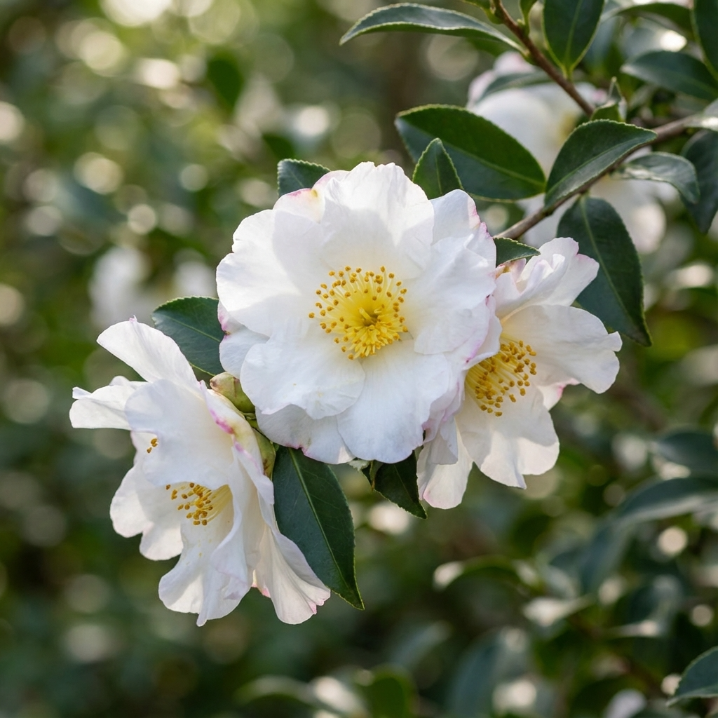 Camellia sasanqua ‘Roseann’ has white flowers with yellow centers and green leaves, thriving in sunlight—ideal for a flowering hedge.