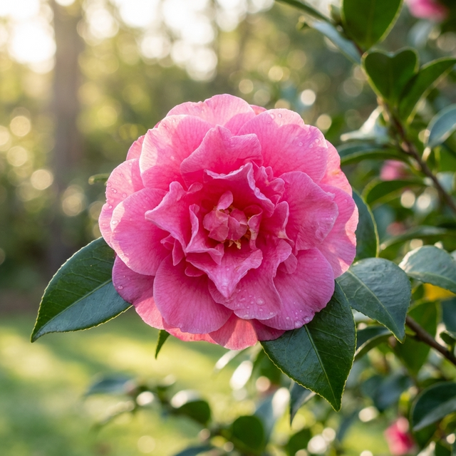 Close-up of Camellia sasanqua ‘Sparkling Burgundy’ with dew-kissed pink petals and green leaves in sunlight, highlighting its beauty as an evergreen screening shrub.