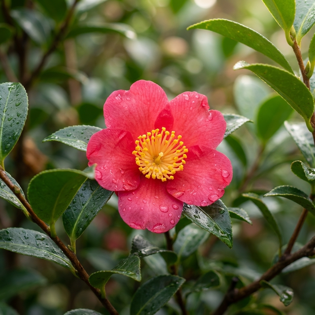 Camellia sasanqua 'Yuletide' features pink blooms with yellow stamens and dew drops, set among green leaves. This winter-flowering shrub brightens gardens with its vibrant flowers during the colder months.