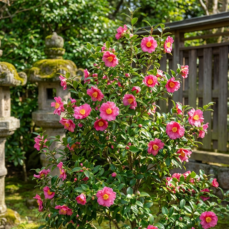 A Hiryu Camellia (Camellia hiemalis 'Hiryu'), an evergreen shrub with pink blooms, adds vibrant color to a traditional Japanese garden decorated with stone lanterns.