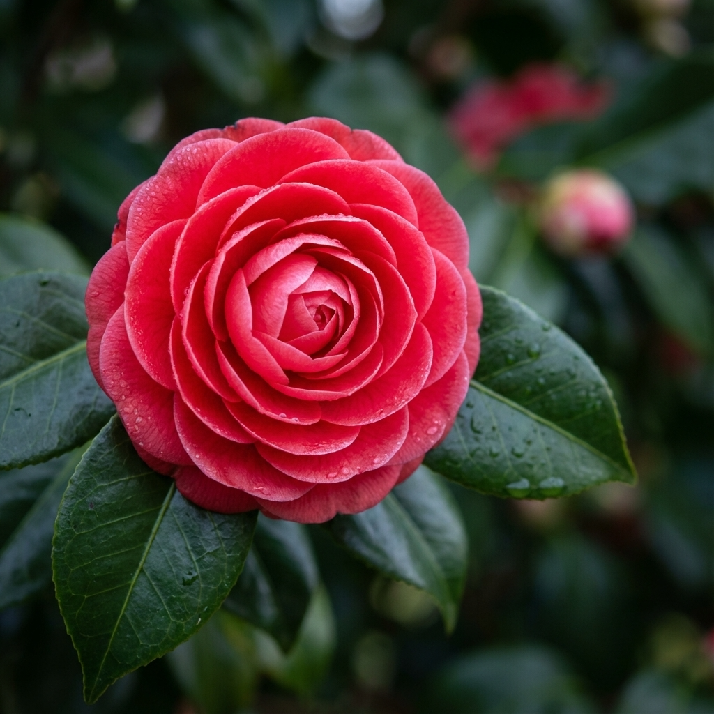 A 'Black Tie' Camellia japonica flower in bloom with green leaves, covered in water droplets, on an evergreen shrub.