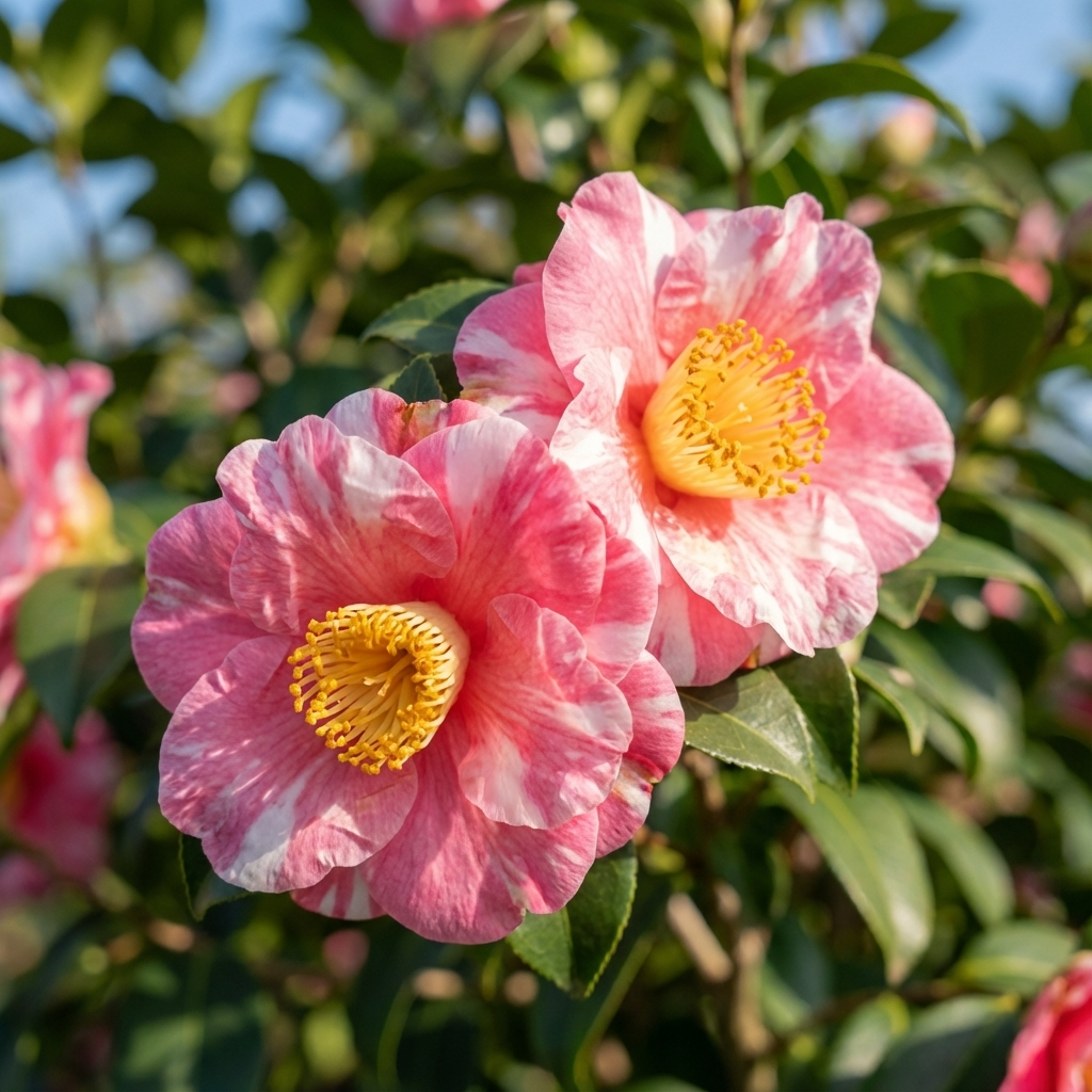 Two pink and white Camellia japonica ‘R.L. Wheeler’ flowers with yellow centers bloom among glossy green leaves of this evergreen shrub in sunlight.