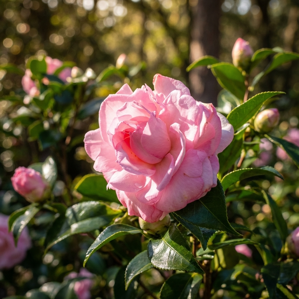 A close-up of blooming Camellia sasanqua ‘Marge Miller’ with pink flowers and green leaves in sunlight highlights the elegance of this groundcover camellia.