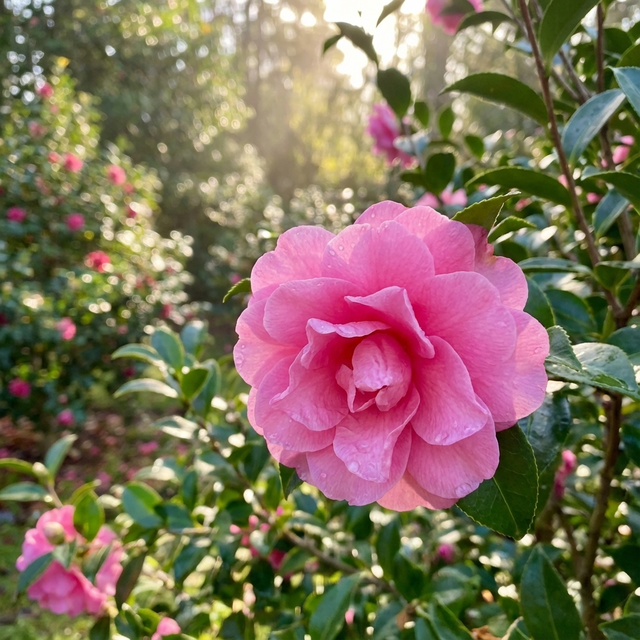 A close-up of Camellia sasanqua ‘Paradise Hilda’ with pink blooms and dew drops among green leaves in sunlight—ideal for a vibrant flowering hedge.