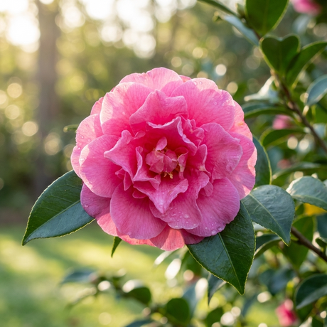 Camellia sasanqua ‘Sparkling Burgundy’ is an elegant evergreen shrub with burgundy-red blooms and green leaves, perfect for screening and admired for its striking flowers.