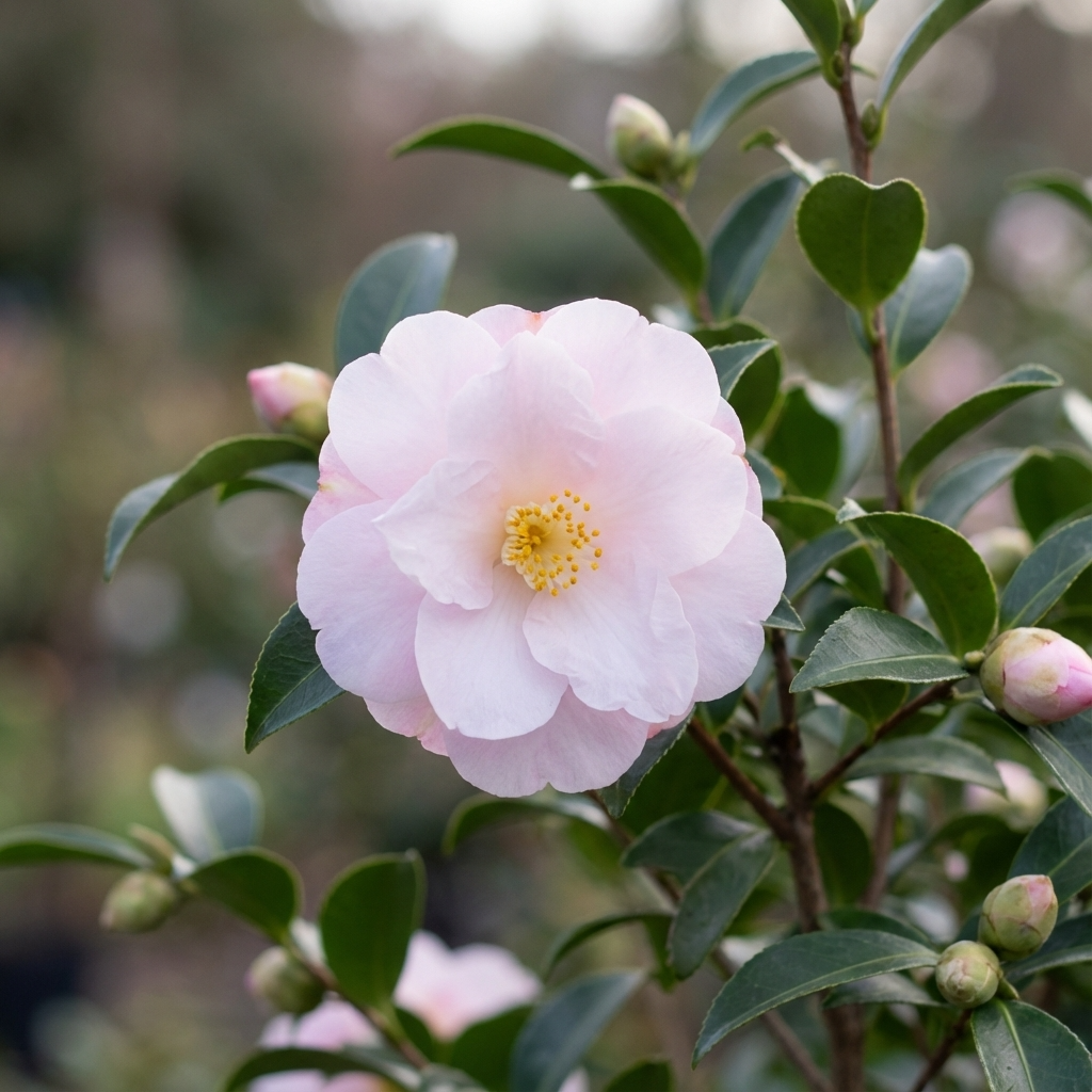 A blooming Camellia sasanqua ‘Star Above Star’ displays delicate pale pink flowers amid green leaves and several unopened buds on a lush hedge.