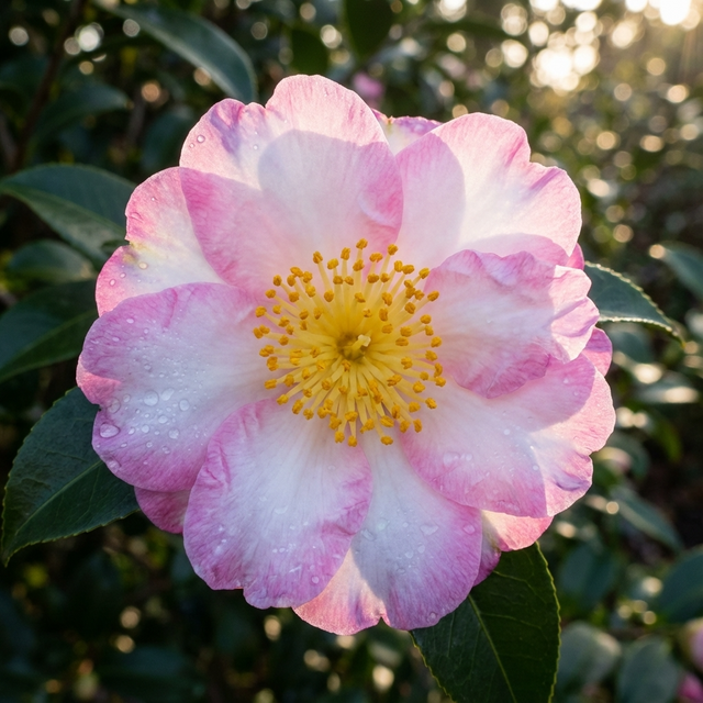 Weroona Camellia - Camellia sasanqua 'Weroona' features stunning pink and white flowers with yellow centers and dew drops, set against glossy green leaves on this evergreen flowering shrub.