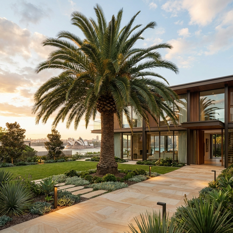 A majestic Canary Island Date Palm - Phoenix canariensis adds low-maintenance tropical style to a modern home, framing breathtaking sunset views of the Sydney Opera House.