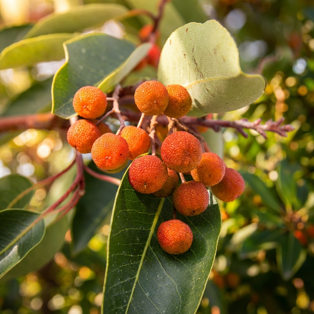 Clusters of small, round, orange-red berries grow among green leaves on a sunlit branch of the Canary Island Strawberry Tree (Arbutus canariensis), an ornamental evergreen.