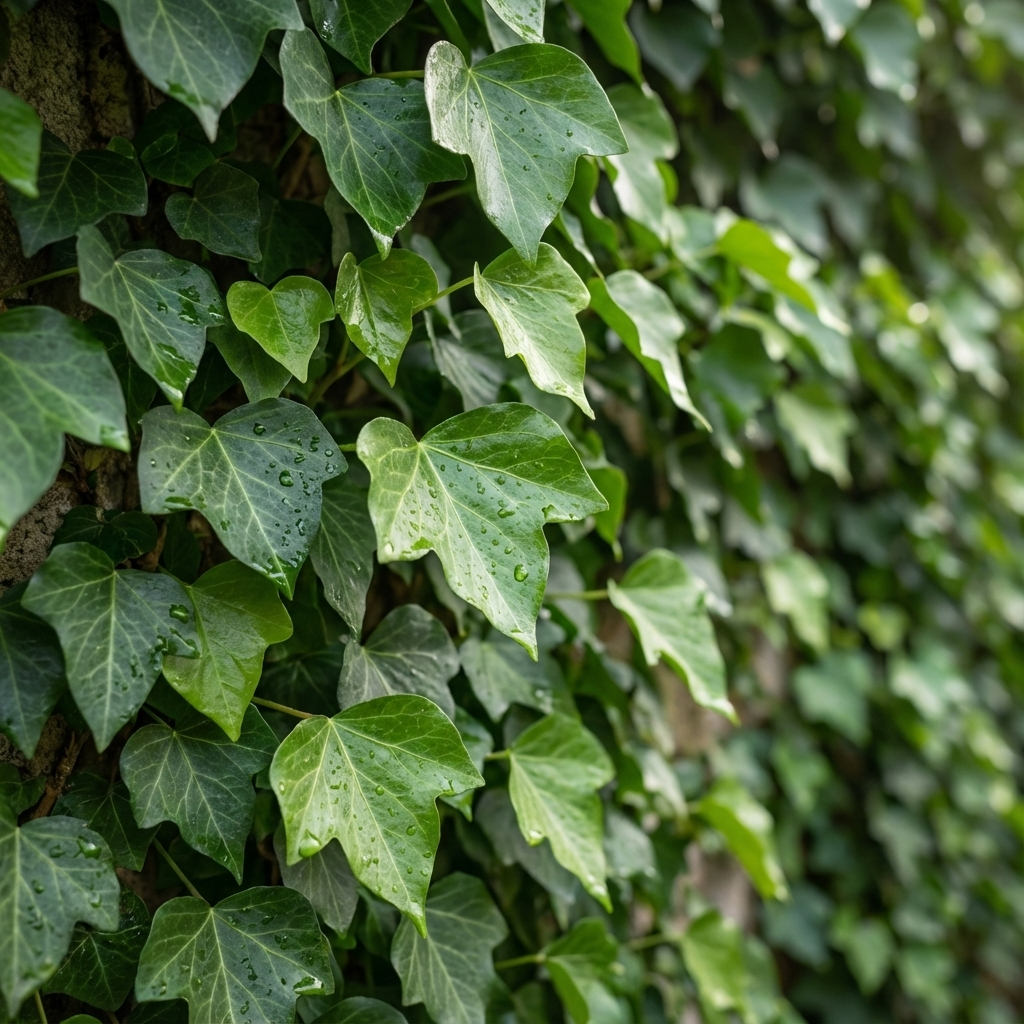 Close-up of green Canary Ivy - Hedera canariensis leaves densely covering a wall, some with water droplets—an attractive evergreen climber and ground cover choice.