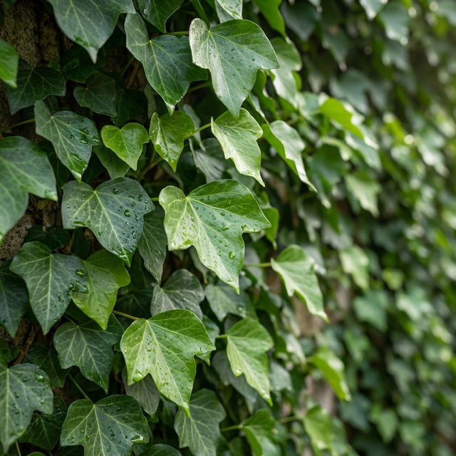 Close-up of green Canary Ivy - Hedera canariensis leaves densely covering a wall, some with water droplets—an attractive evergreen climber and ground cover choice.
