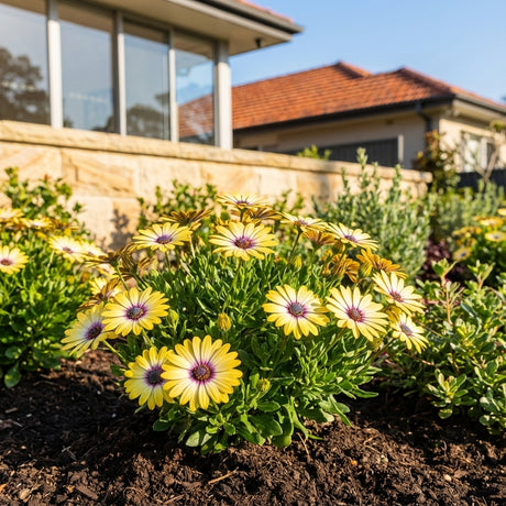 Cape Daisy ‘Blue Eyed Beauty’ (Osteospermum hybrid), a vibrant perennial, blooms brightly in a garden bed beside a house with brick walls and a tiled roof.