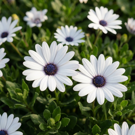 Cape Daisy ‘Serenity White’ (Osteospermum hybrid) features white petals with purple centers and green foliage, creating a striking display in sunny gardens as a perennial flower.