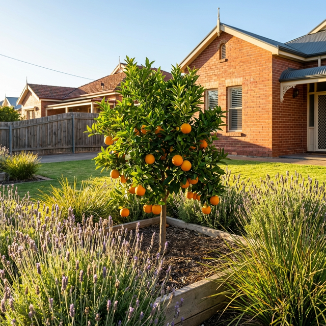 A Cara Cara Orange Tree - Dwarf Citrus sinensis with ripe, pink-fleshed oranges grows in a raised garden bed in front of a brick house.