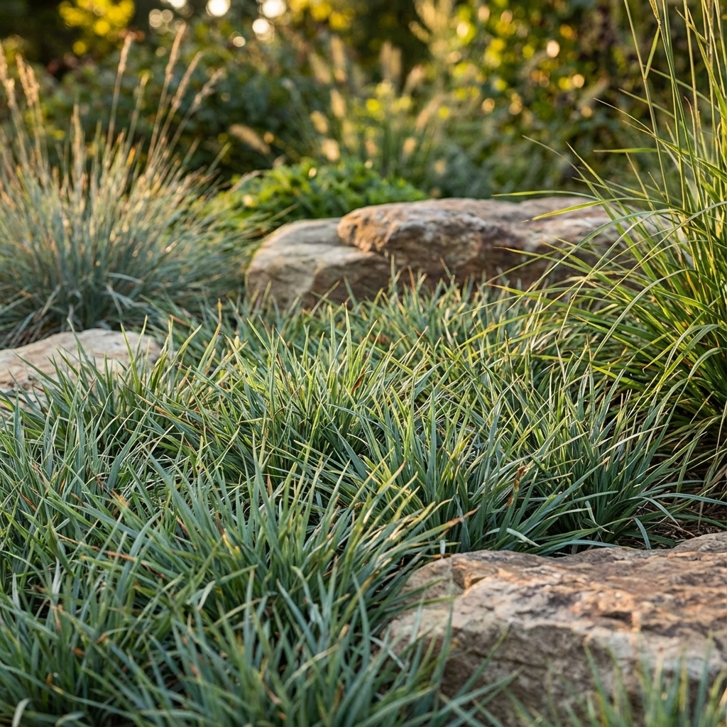 Carex ‘Blue Wave’ adds lush blue-green foliage as vibrant ornamental sedge alongside large rocks, creating a striking display in a sunlit garden.