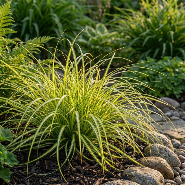 Carex 'Evergold' is an evergreen ornamental grass with narrow, arching leaves that adds texture and color to a landscaped garden with rocks.