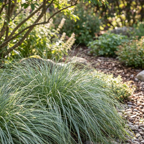 Carex ‘Frosted Curls’ is an elegant ornamental sedge that thrives in a sunlit garden bordered by stones, bushes, and leafy plants.