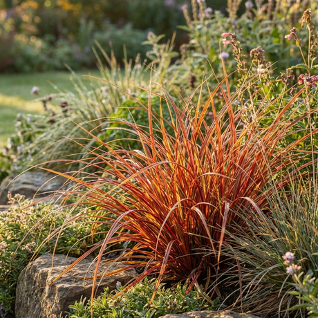 Carex ‘Belinda’s Find’ is an orange ornamental sedge with evergreen foliage, thriving among rocks and green plants in a sunlit garden.
