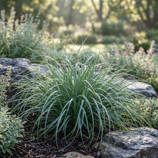 A clump of Carex ‘Blue Cascade’, featuring graceful blue foliage, is nestled among rocks in a sunlit garden.