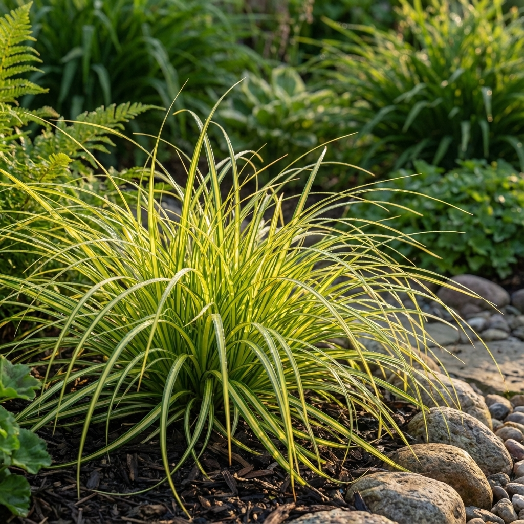 Carex 'Evergold' - Carex 'Evergold', an evergreen ornamental sedge, features arching green leaves and adds graceful beauty to sunlit rock gardens.